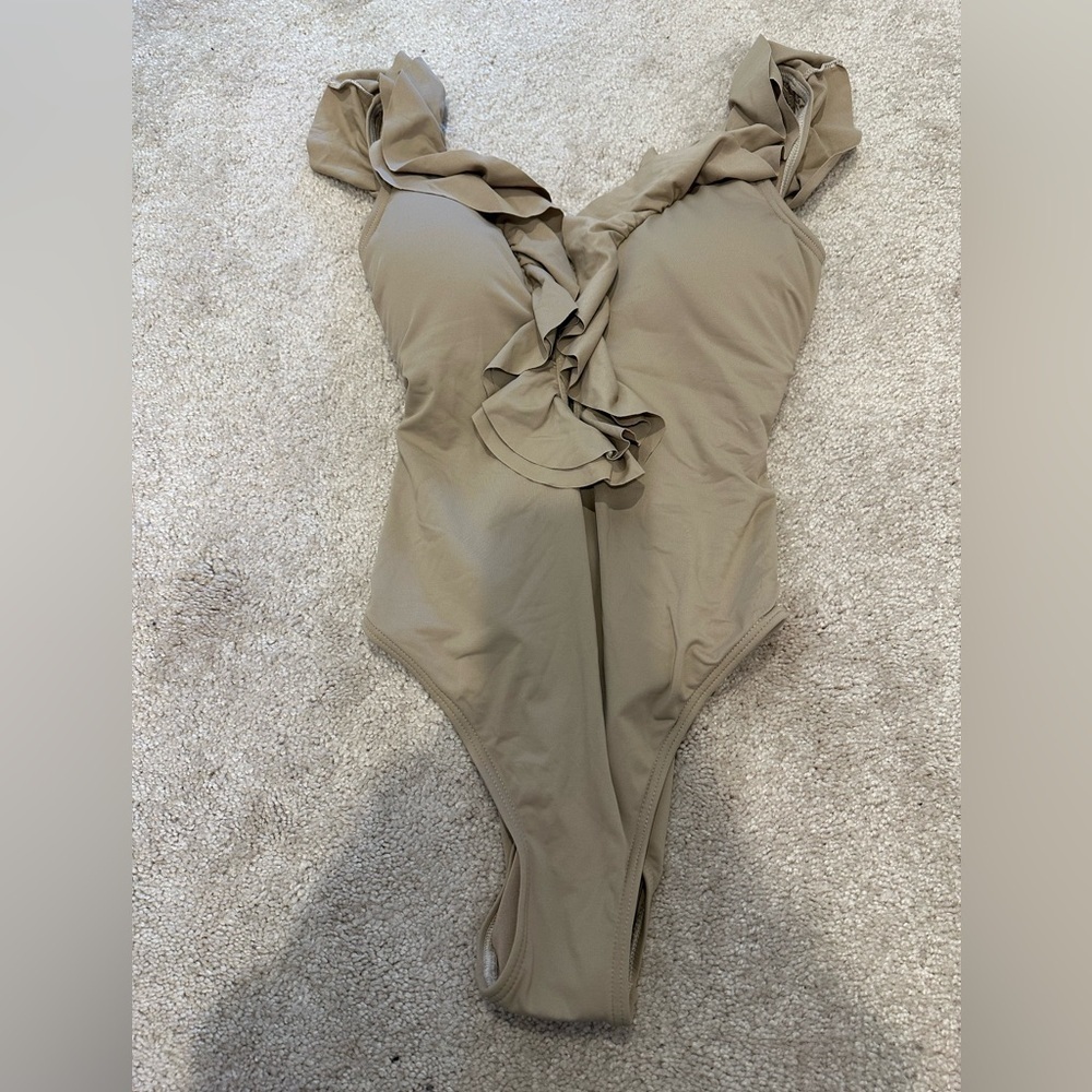 MICHAEL KORS RUFFLE DEEP V-NECK  ONE PIECE SWIMWEAR, KHAKI, SIZE 10 NWT